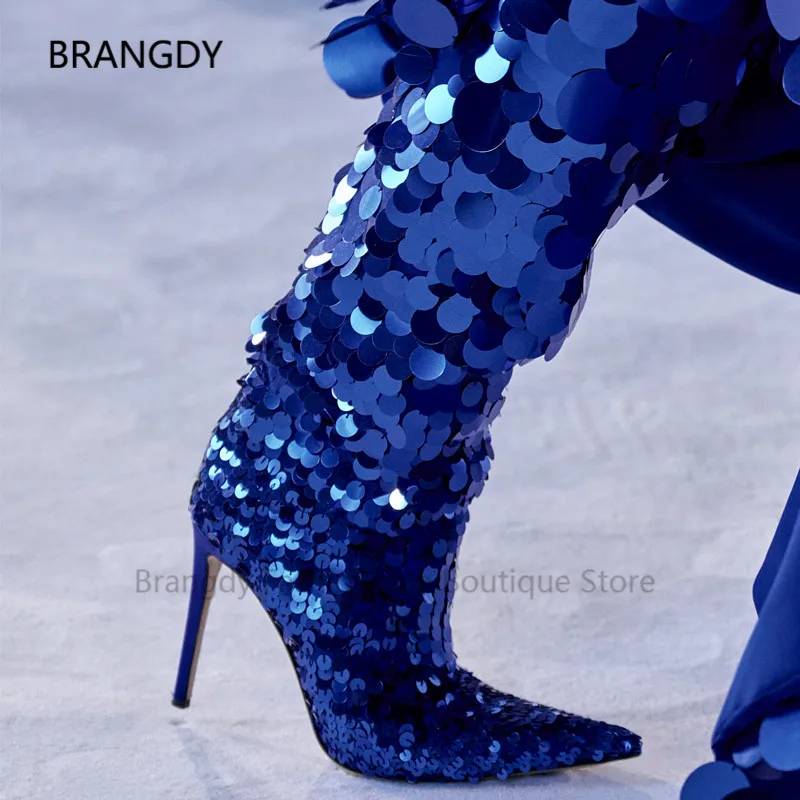 

2022 Royal Sequined Laser Thigh High Boots Pointed High Heel Women Party Dress Boot Lady Runway Gladiator Boots Zapatos Mujer