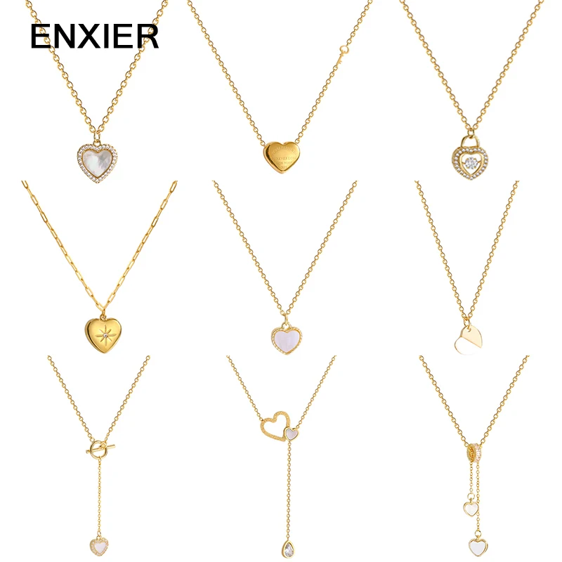 

ENXIER 316L Stainless Steel Gold Color Love Heart Pendent Necklace For Women Chokers Clavicle Chain Female Festival Jewelry Gift