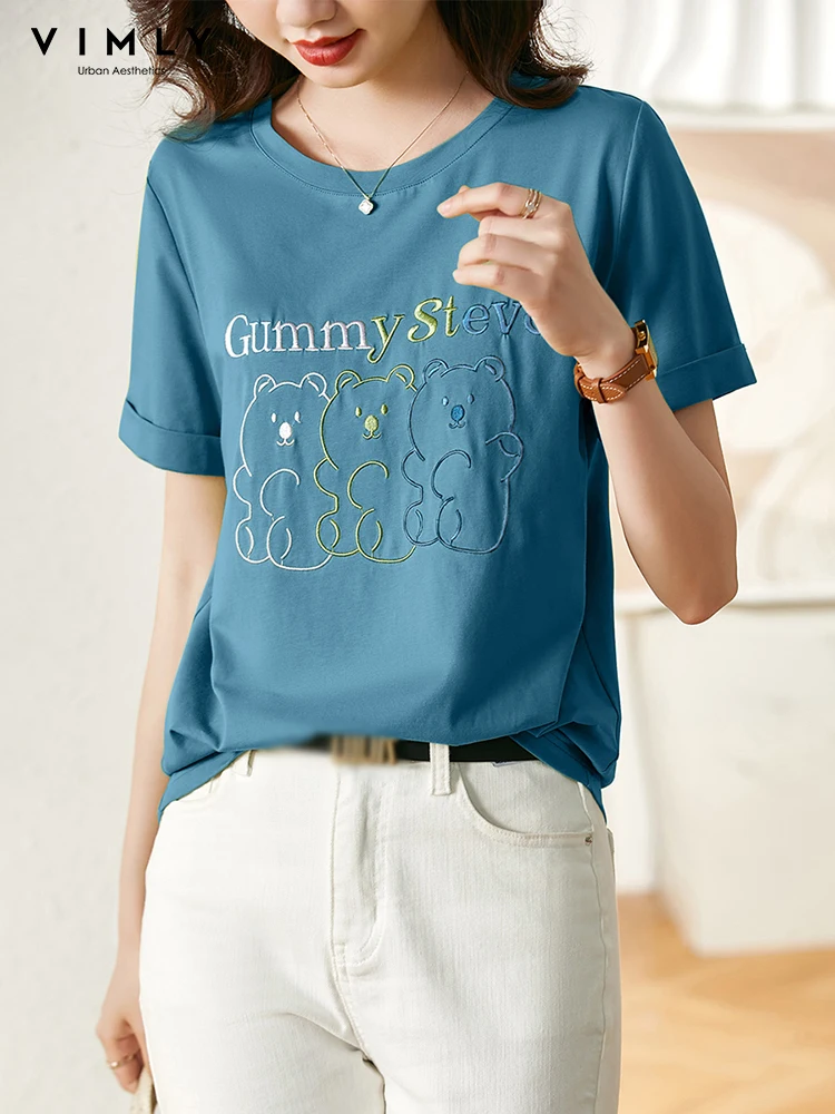

VIMLY Korean New T-shirt for Women 2022 Summer O-neck Short Sleeve Embroidery Straight Tops Fashion Casual Female Clothing V2873
