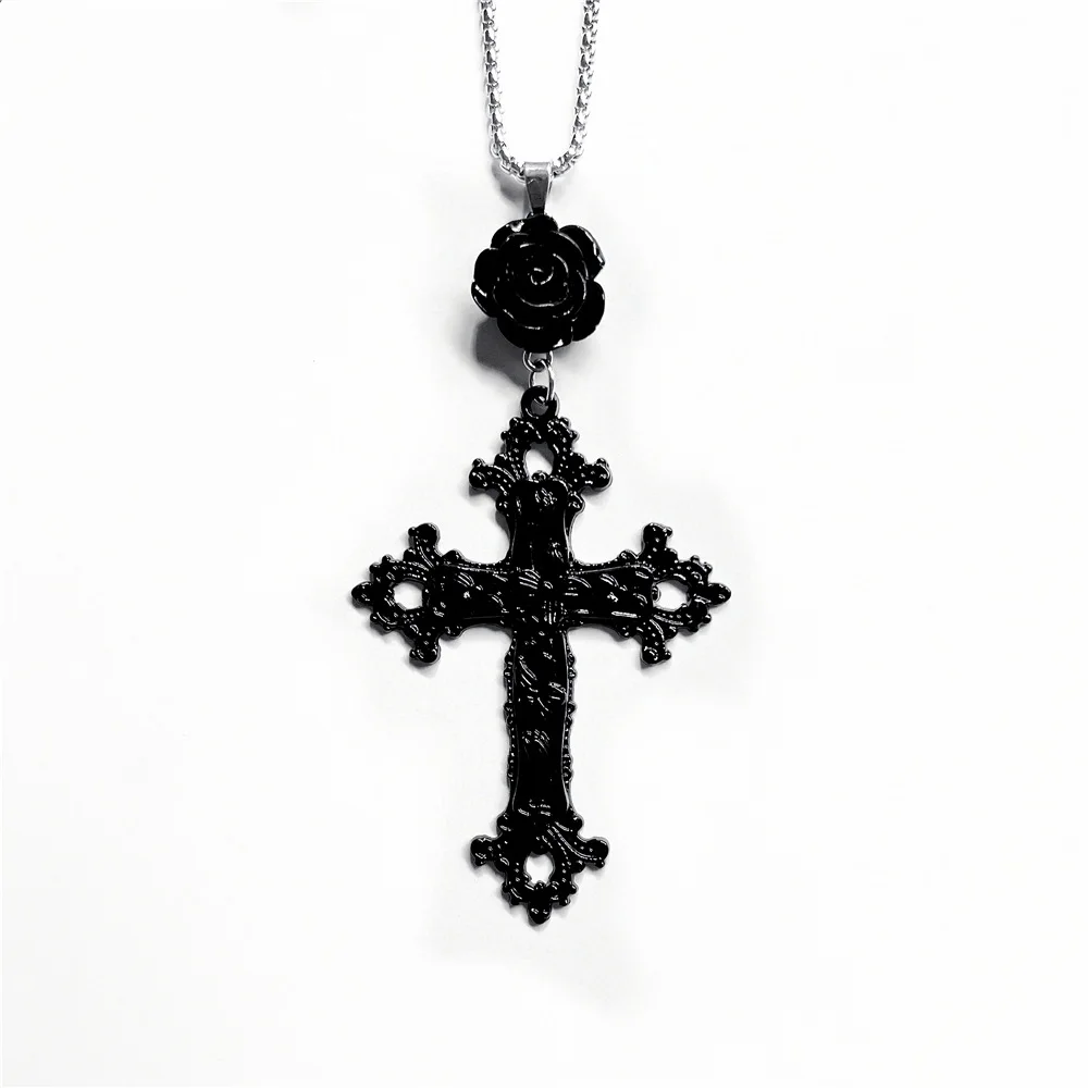

Gothic Rose Cross Pendant Necklace For Woman Men Mysterious Pagan Witcher Accessories Cross Charm Choker Goth Jewelry New Trend