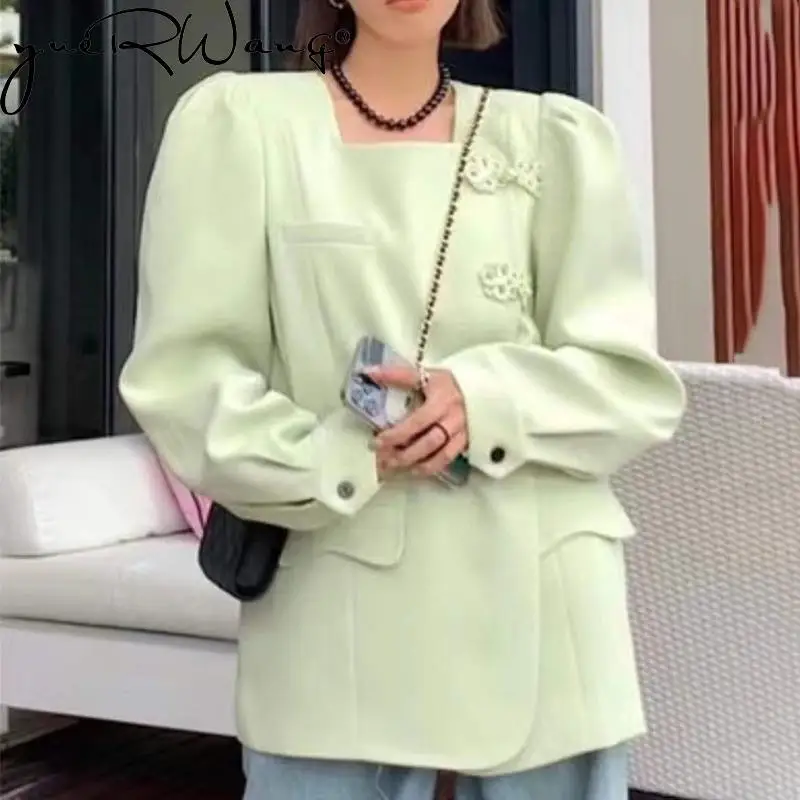 

Getspring 2022 Spring Retro Square Collar Buckle Chic Loose Women Blazer Jacet Coat Oversized Vintage Women Coat Black White