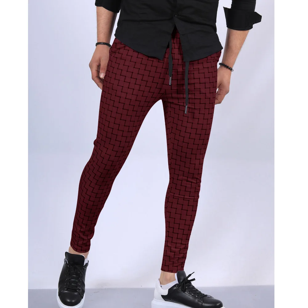 New Male's Checked Trousers Business Casual Plaid Striped Lace Up Pencil Pants Streetwear Fashion Men Designer Clothes 4 Colors