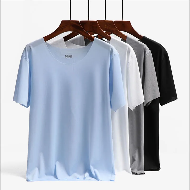 

2022 летняя модная повседневная облегающая футболка 5XL мужская футболка из ледяного шелка с коротким рукавом эластичный Топ высокого качеств...