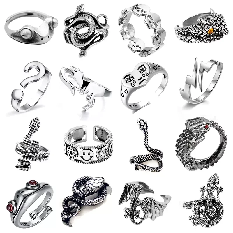 

New in Ring For Women Girls Snake Smile Fashion Men Jewelry Vintage Ancient Silver Color Punk Hip Hop Adjustable Boho Frog y2k h