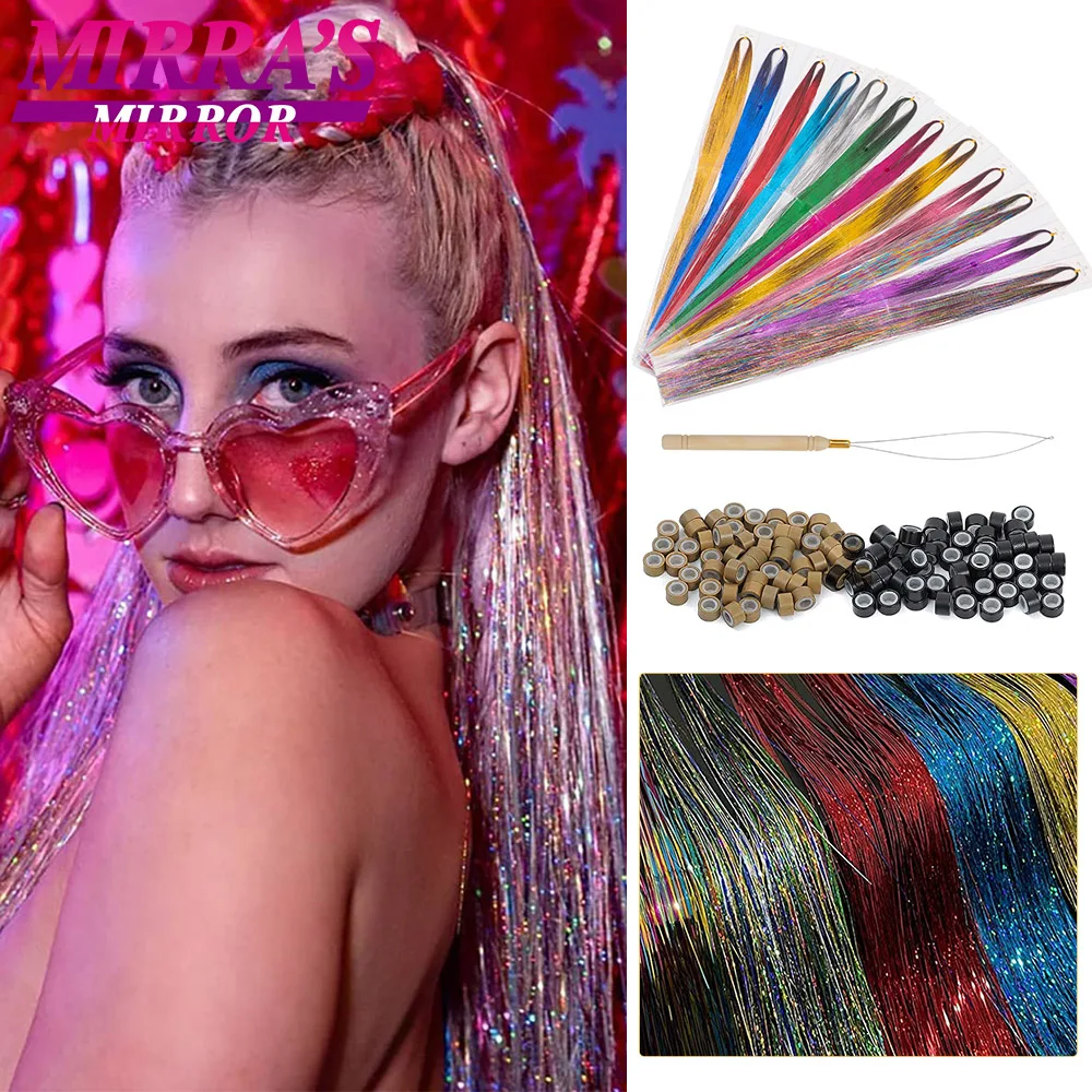 Synthetic Hair Tinsel Extensions Kit With Tool 12 Colors Sparkling Hair Tinsel Heat Resistant Glitter Shiny Colorful Silk Hair