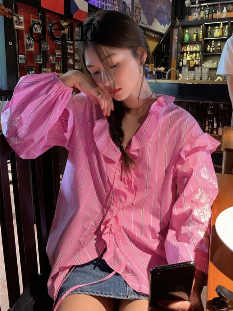Свободный Топ [oein] Luoluo Zhuanjie рубашка в розовую полоску с длинными рукавами новинка