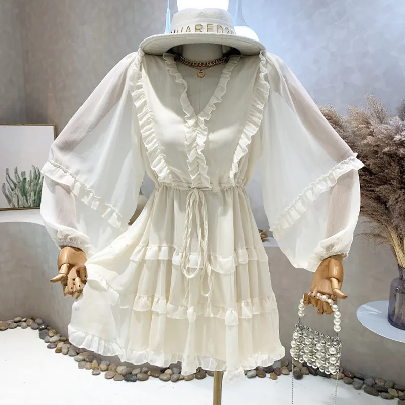 

Niche Design New Women's Clothing 2022 Summer Lantern Long Sleeve V-neck three-dimensional Dress Vestidos Elegantes Para Mujer