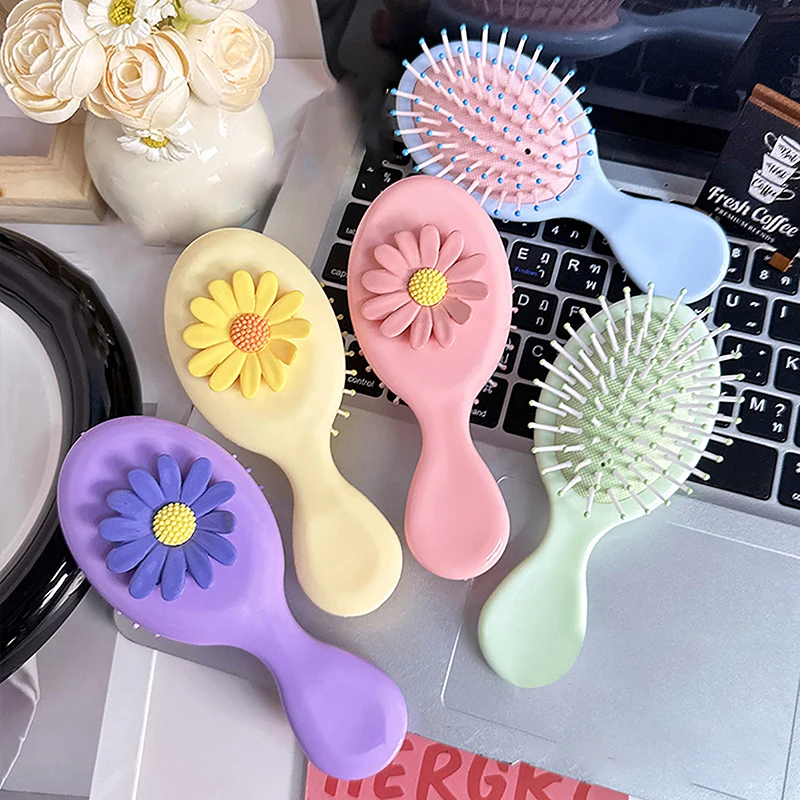Симпатичная цветная расческа Ромашка с зеркалом складная массажная подушкой