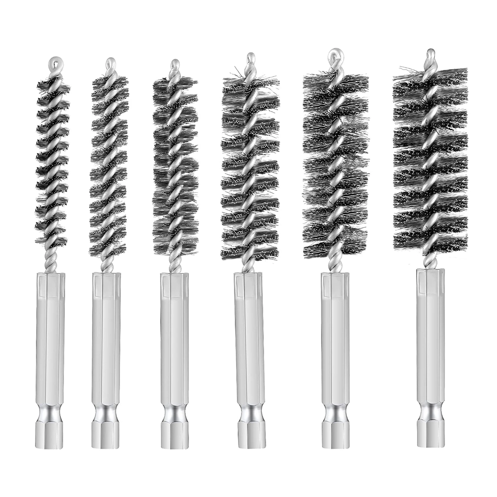 

6pcs 4inch Length Cleaning Different Sizes Bore Brush Set Stainless Steel With Hex Shank Polishing Cylinder Pipe Tube Durable