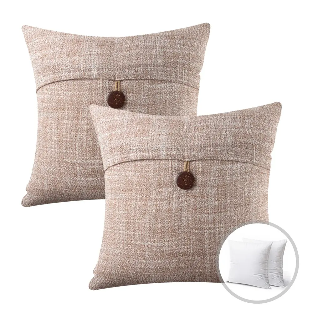

POPTOP Farmhouse Button Series Outdoor Decorative Throw Pillow, 18" x 18", Beige, 2 Pack