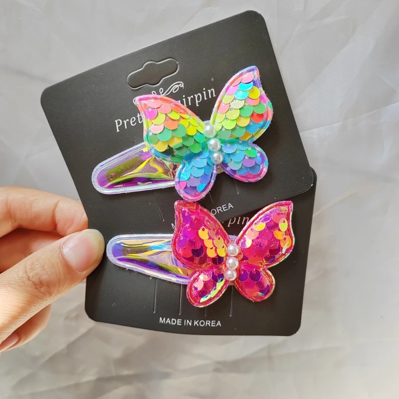 

20PC Sequins Kids Hair Accessories Rainbow Butterfly BB Hairpins Shinning Pearl Cute Hair Clips заколки для девочек Vintage Pins