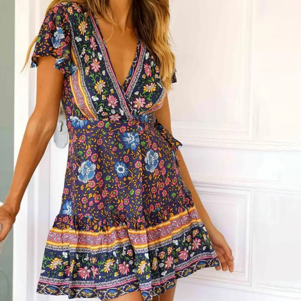 

Flowy Ruffle Hem Trendy Petal Short Sleeve Slim Mini Dress Soft Texture Casual Dress A-Line for Daily Wear