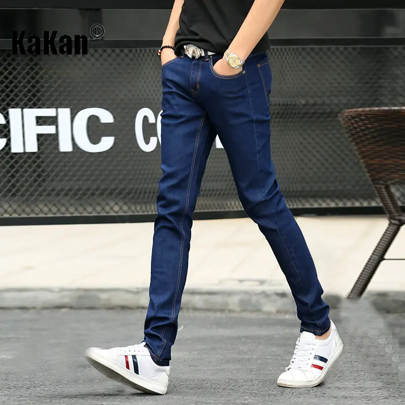 Kakan Fashion Men's New Elastic Feet Jeans, Korean Straight Fit Fashion Seasonal Mid Waist Long Jeans K026-8913