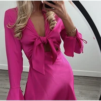women hollow out bow tie satin dress female fashion casual front flare sleeve deep v neck mini dress 2022 summer pink dresses
