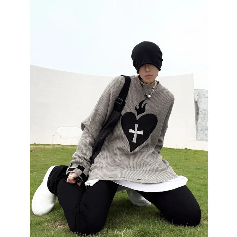 Sweater With Hearts Harajuku Fashion Men's Clothes Winter Trend Women's Print Oversize Korean Knit Hip Hop Clothing Sweaters