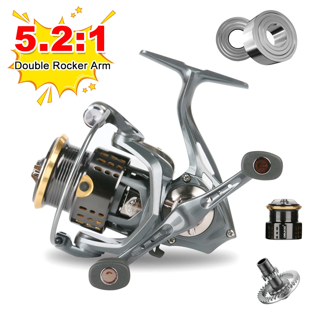 

5.2:1 Spinning Reel 4+1BB High Speed 6KG Max Drag Metal Shallow Spool DS2000-3000 Double Rocker Arm Fishing Reel Fishing Tackles