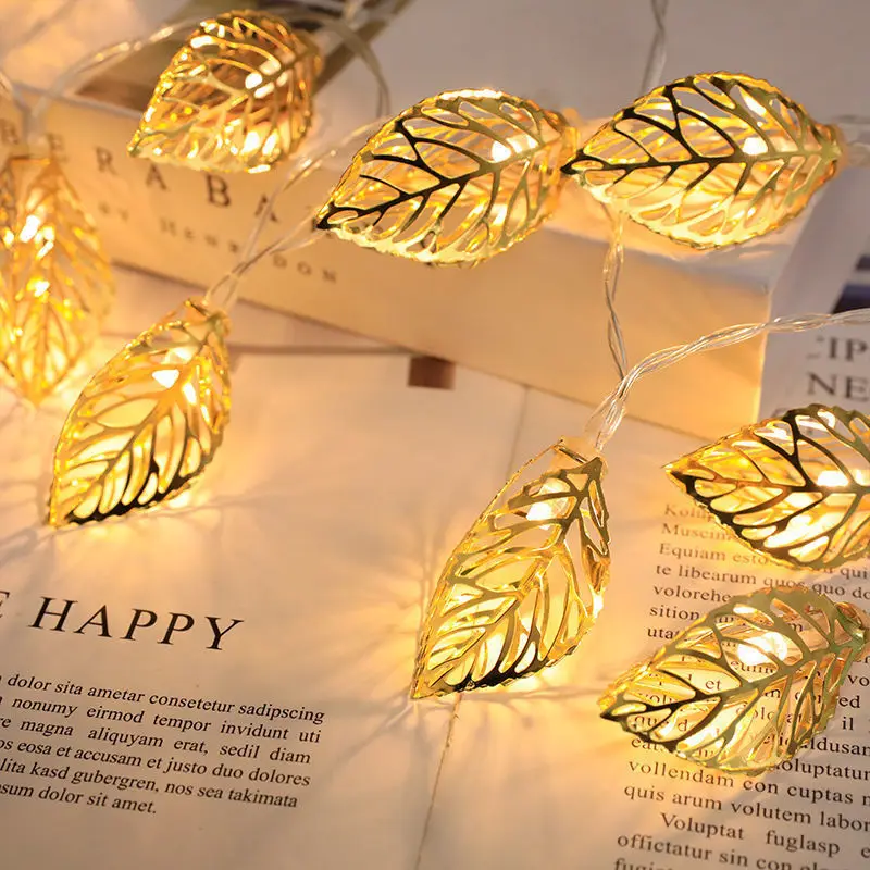 

New Product LED Wrought Iron Golden Leaf Lights String USB Or Battery Powered Hollow Christmas Atmosphere Decorative Lights