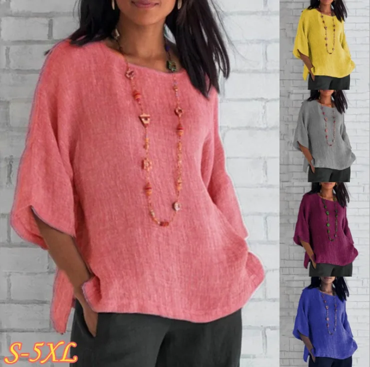 

New women's three-quarter sleeve round neck cotton and linen shirt top