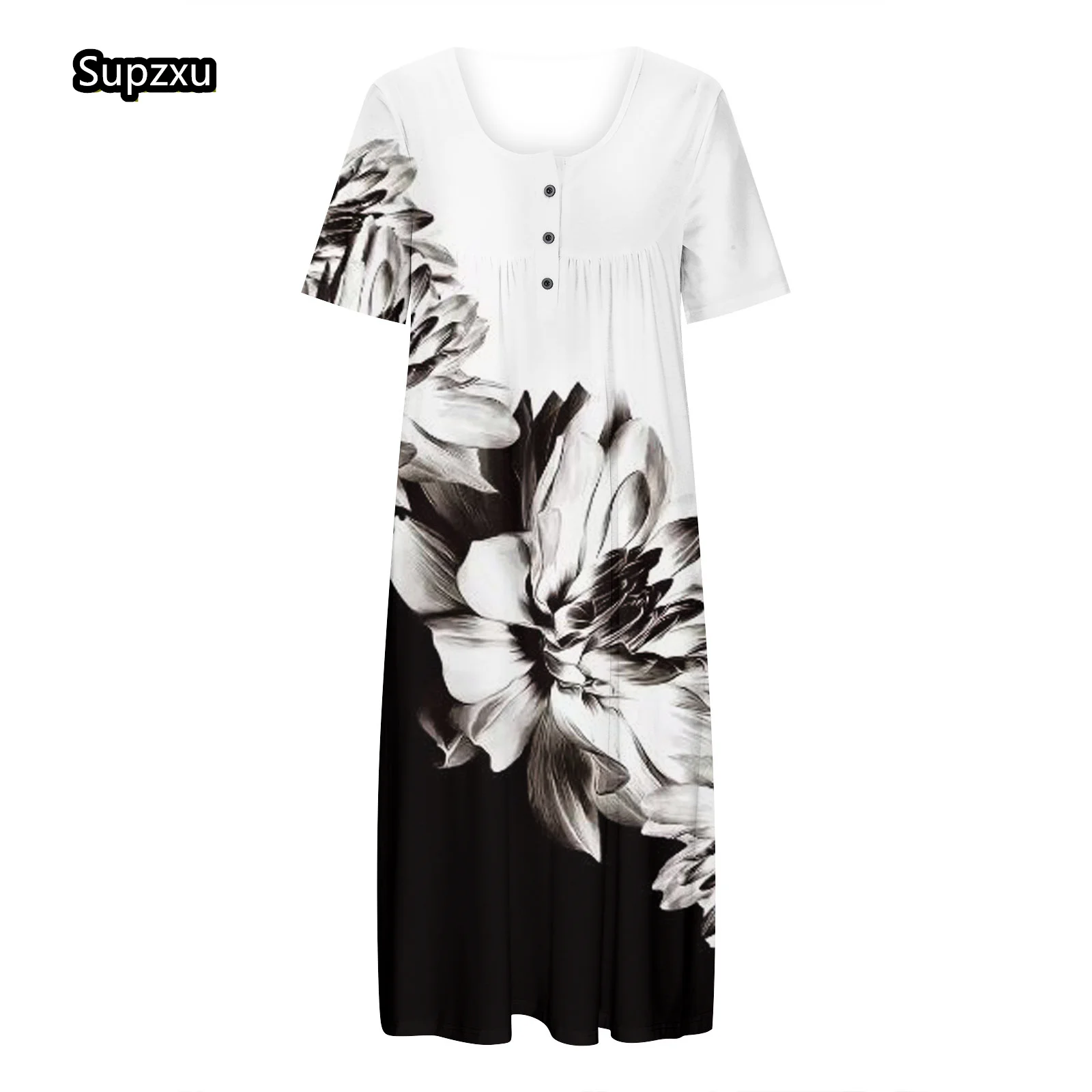 

Vintage A Line Dress Women Fashion Short Sleeve Floral Print Sundress Button V Neck Pocket Party Dresses 2023 Summer Vestidos