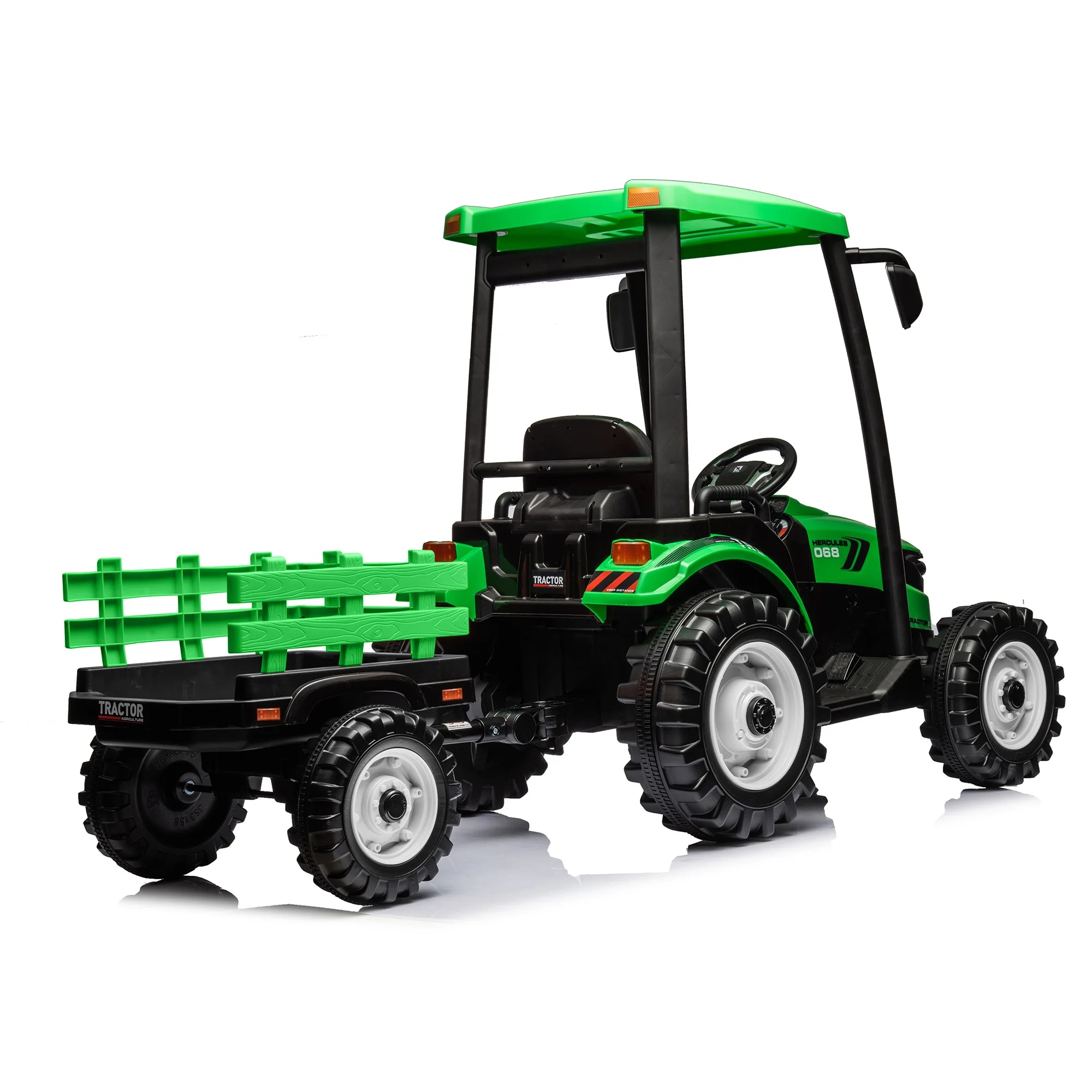 24V Kids Ride on Tractor with Trailer, Battery Powered Electric Vehicle Toy with 3-Gear-Shift Ground Loader, Treaded Tires, LED