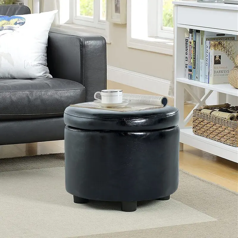 

16'' Wide Faux Leather Round Storage Ottoman with Storage