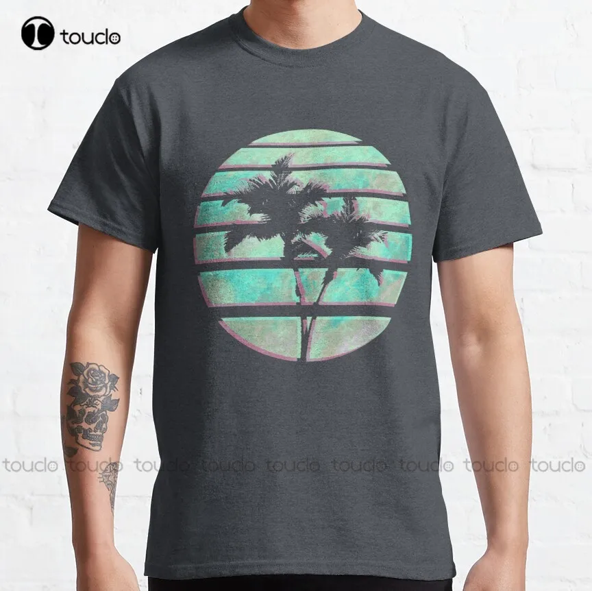 

Vaporwave Palm Trees In The Sun - Blue Classic T-Shirt Men Tshirt Custom Aldult Teen Unisex Digital Printing Tee Shirts Xs-5Xl