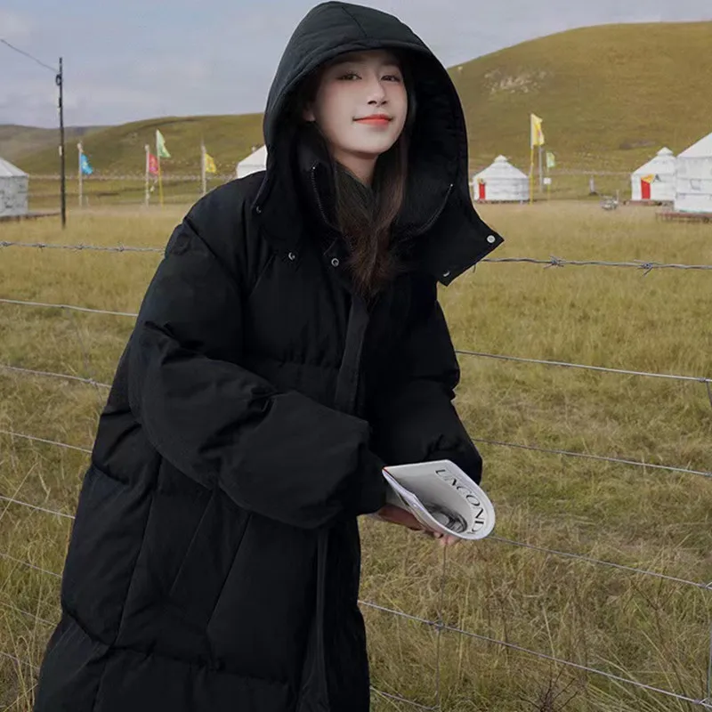 Blue Thickened Long Padded Jacket Women's Korean Loose Knee Length Cotton Coats Winter New Overcoat Ins Bread Trendy Parkas