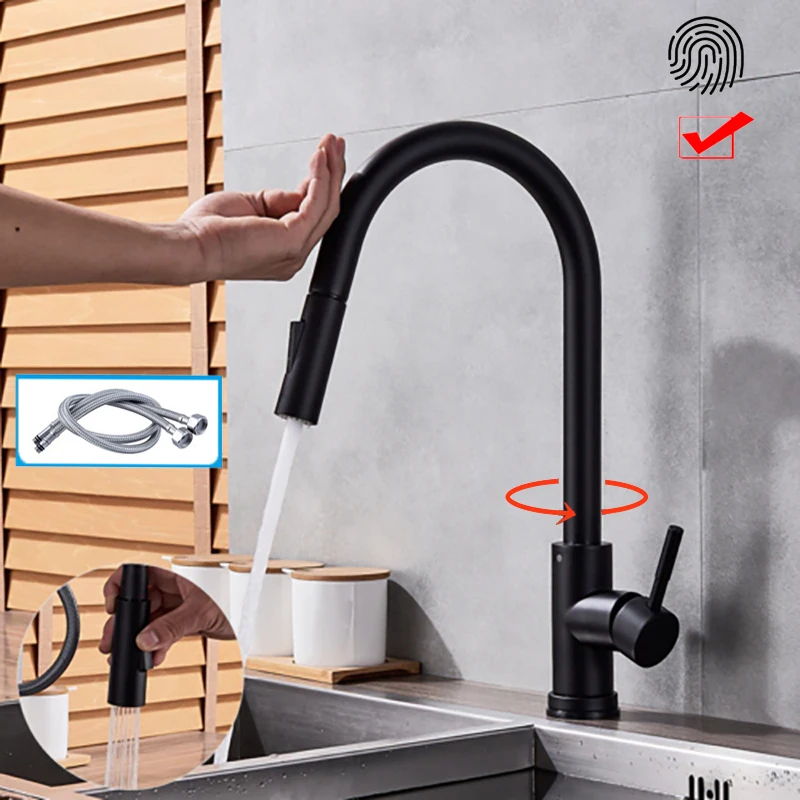

DUZI Stainless Steel Pull Faucet Induction Hot and Cold Kitchen Faucet Gold Black Single Hole