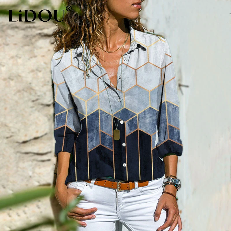 

Женская офисная блузка с отложным воротником и длинным рукавом, большие размеры