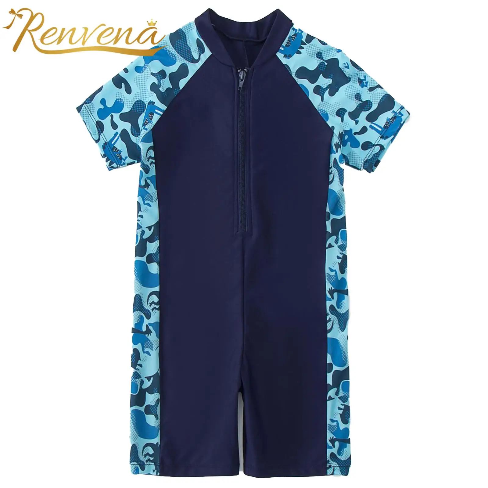 

Kids GirlsOne Piece Rash Guards Swimsuits Short Sleeve Printed Patchwork Style Zipper Closure Rashguard Bathing Swimming Suits