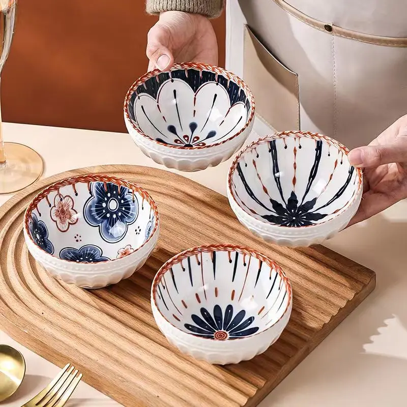 

4Pcs Retro Ceramic Bowl Rattan Household Rice Bowl Dessert Salad Bowl Cereal Bowl Breakfast Flower Soup Bowls Kitchen Tableware