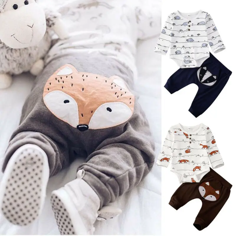 0-18M Newborn Infant Baby Boys Clothes Set Cartoon Fox Print Long Sleeve Rompers + Pants Outfits Toddler Boy Costumes