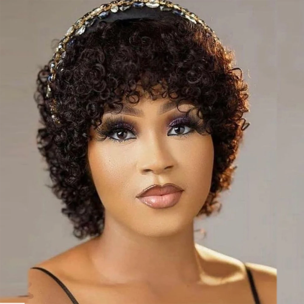 

8 Inch Short Pixie Curly Bob Wig with Bangs Brazilian Human Hair Bouncy Curl Wig for Women Ready to Go Wig