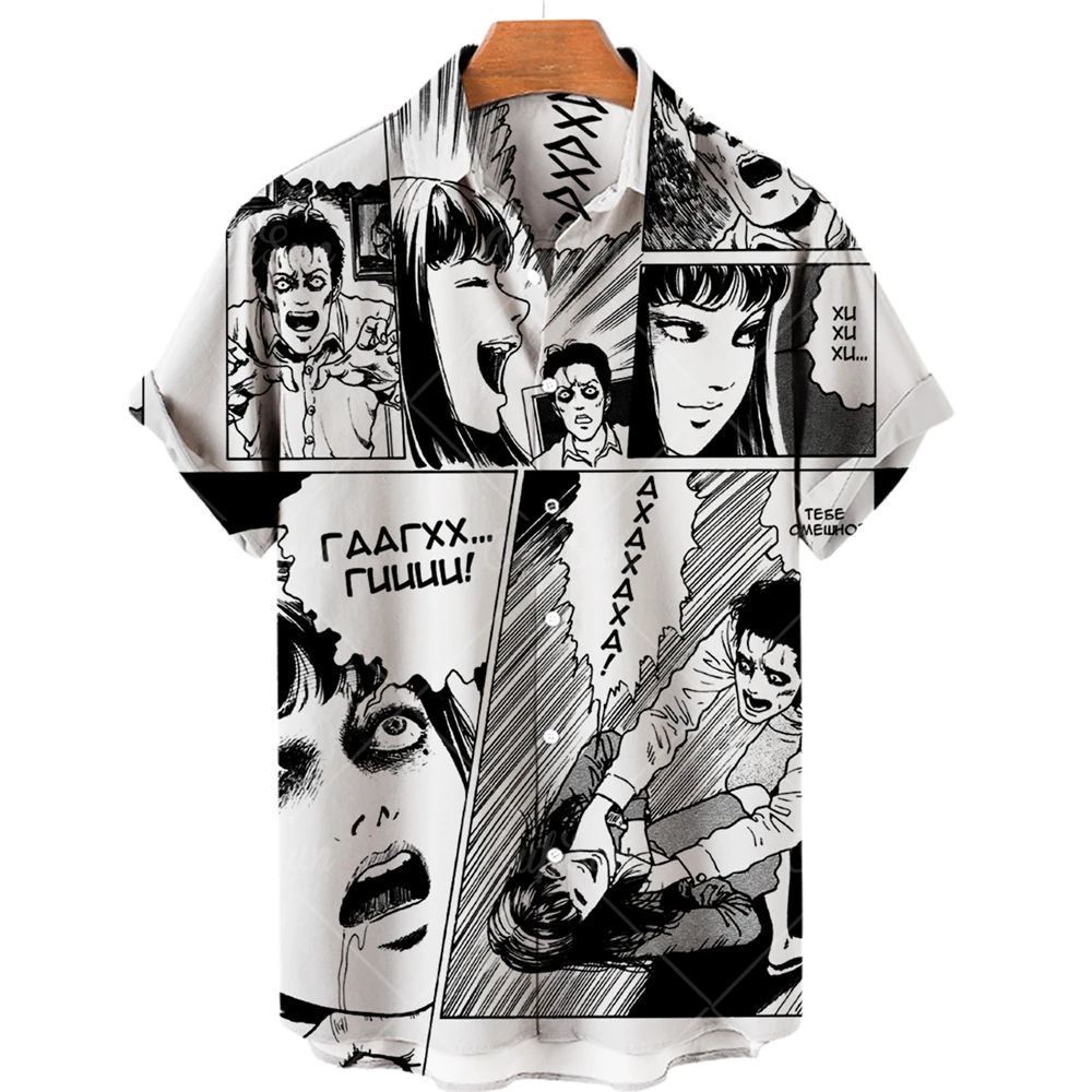 2022 Men's Hawaiian Shirt 3D Japanese Horror Anime Print Short Sleeve Fashion Casual Single Button Shirt 5XL