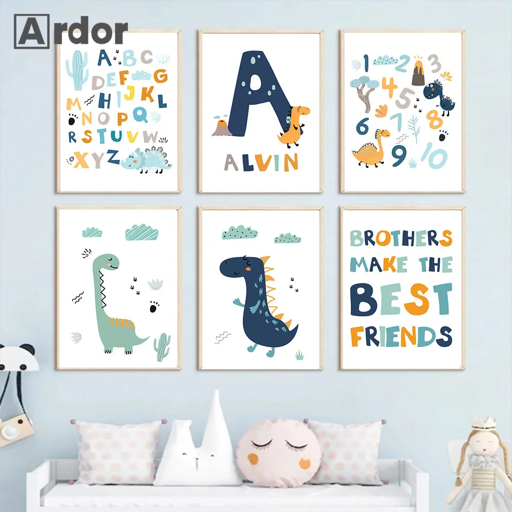 

Custom Name Growth Quotes Nursery Poster Dinosaur Wall Art Canvas Painting Alphabet Print Nordic Wall Pictures Kids Room Decor