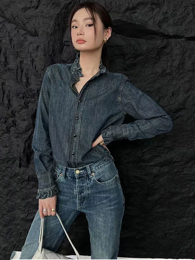 2022 Fashion Shirts Fall Fashion Washed Vintage Denim Tops Ruffle Neck Elegant Ladies Long Sleeve Shirts Free Shipping y2k