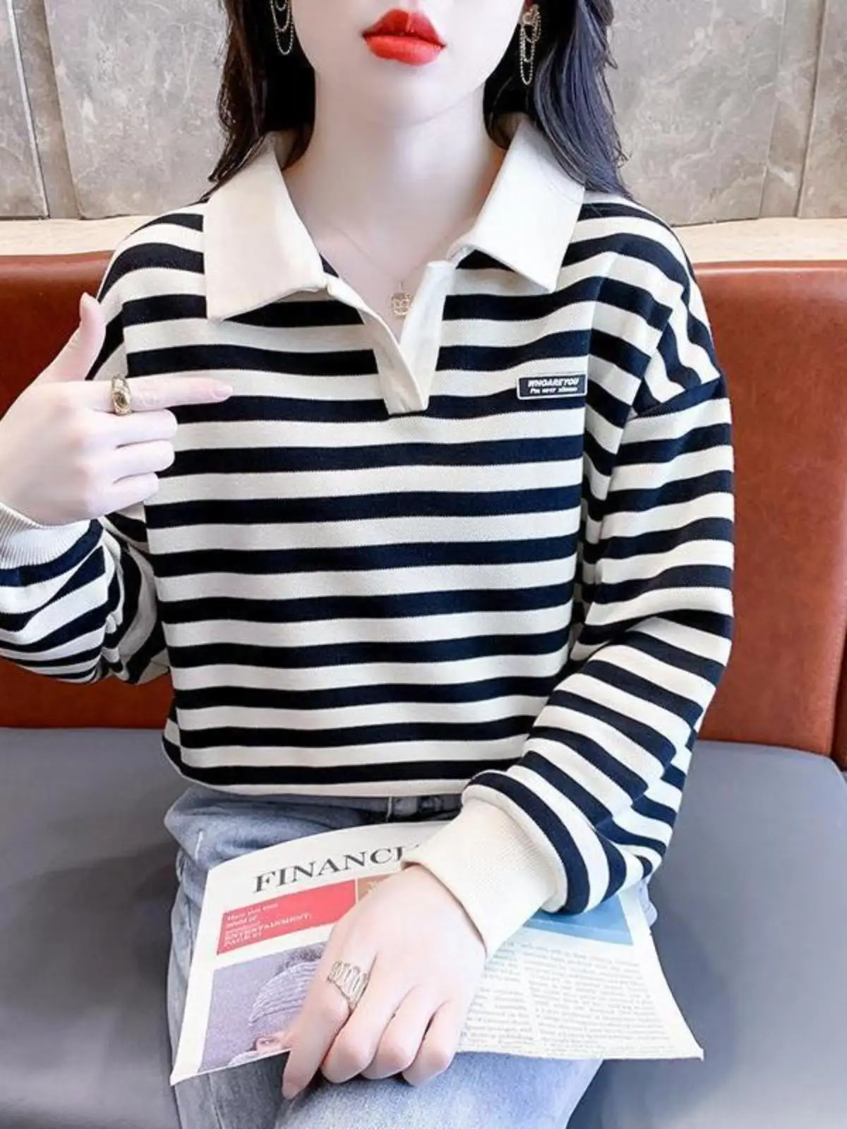 Корейская женская толстовка с воротником-поло в полоску и длинными рукавами