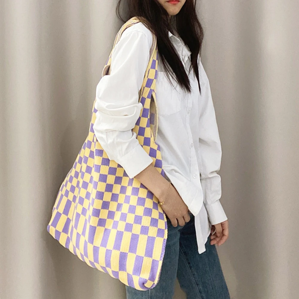 Классическая клетчатая женская сумка через плечо, вязаная большая сумка-тоут, сумка-шоппер, дизайнерская большая цветная вязаная сумочка, Д...