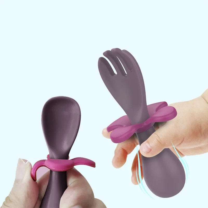 

Baby food Grade Silicone Mini Fork Spoon For Baby petal Print Utensils Set Feeding Spoon Learn To Eat Children's Tableware