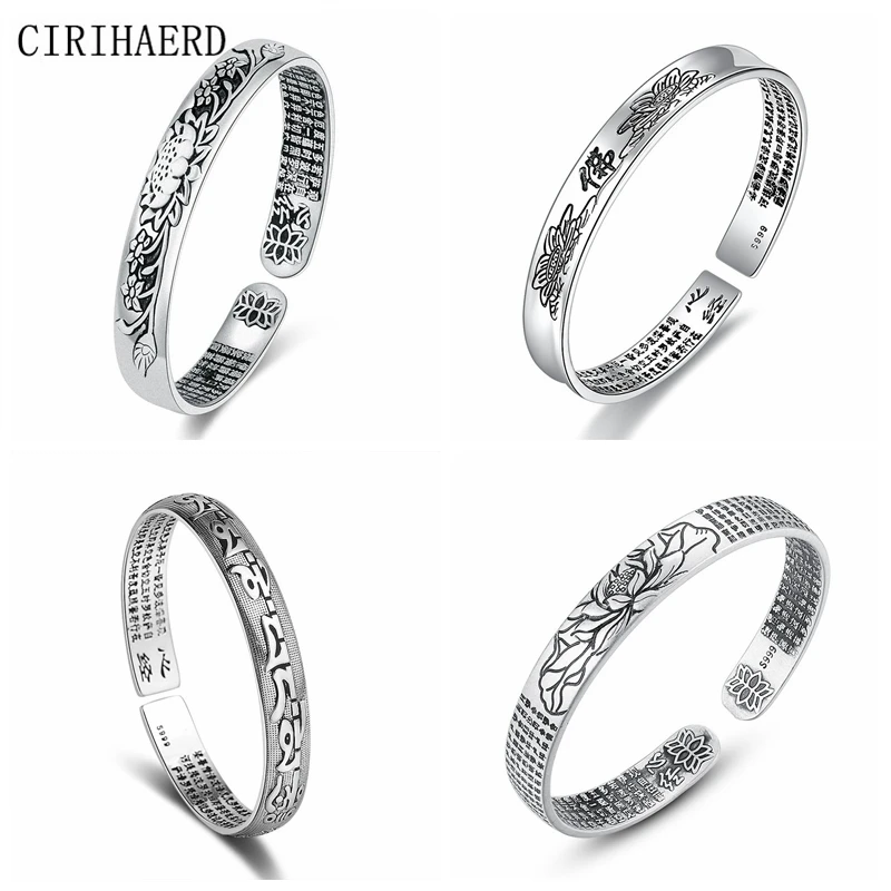 

Women's Hand Bracelets Retro Luxury Jewelry For Women Gifts 925 Silver Flower Heart Sutra Vintage Tibetan Bangle Cuff Opened
