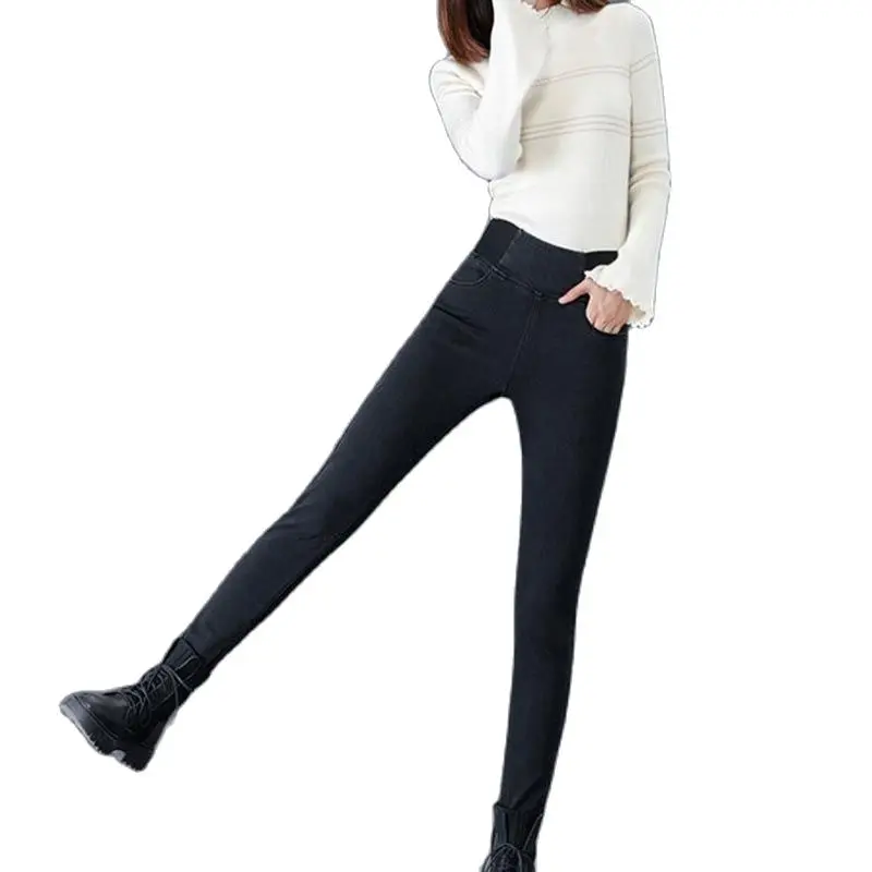 

High Waist Tashion Jeans 2022 Autumn And Winter New Slim Solid Color Women's Trousers Waist And Thin Elastic Pencil Pants Trend