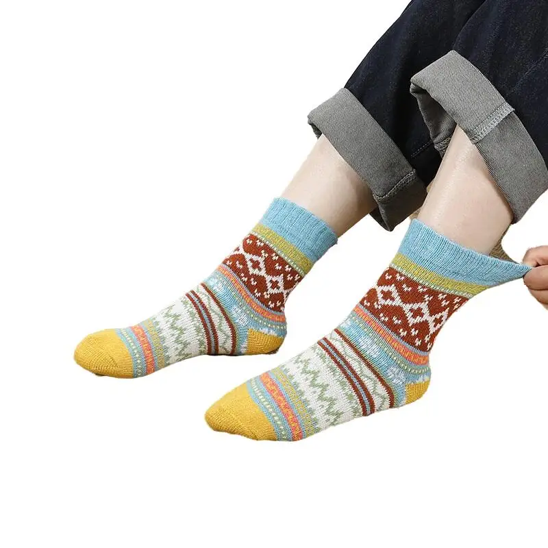 

5 пар, шерстяные носки, осень/зима, этнические теплые махровые носки с перекрестными цветами, женские носки, носки для пола, женские носки с п...