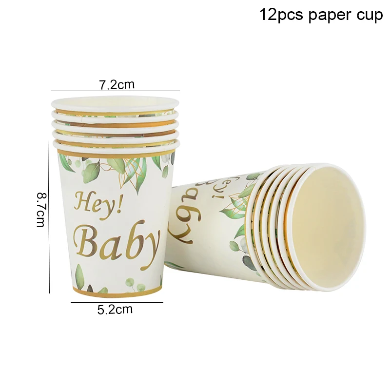 Green Leaves Bronzing Letter Hey Baby Jednorazowa zastawa stołowa Talerz Serwetka Obrus Dziecko Urodziny Party Shower Decor Supplies