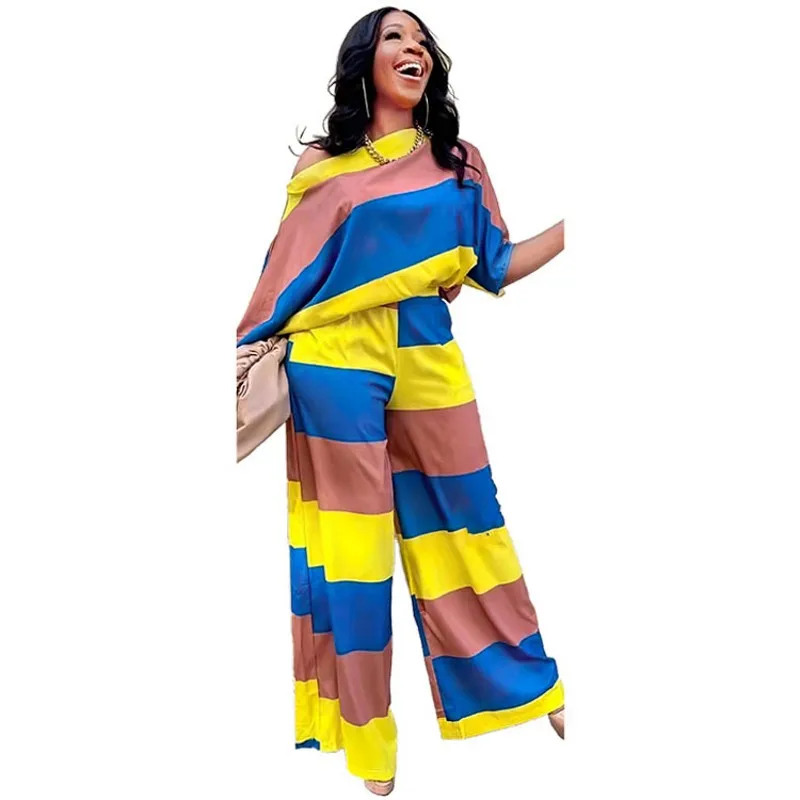 

Two Piece Set Women Slash Neck T Shirt Tops And Wide Leg Pant Suits Sets Fashion New Stripe Print Streetwear Outfits Ropa Mujer