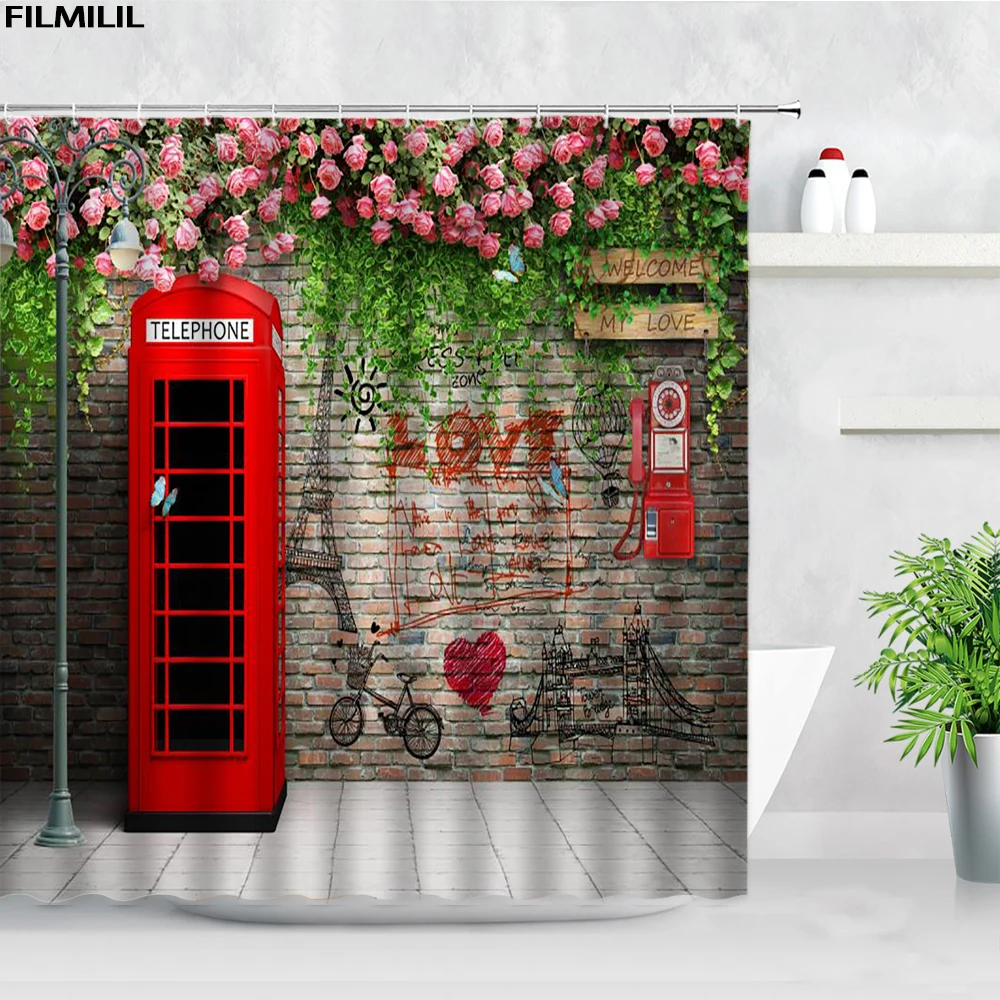 london street view shower curtains big ben red phone booth bus printing retro wall decor cloth screen hooks bathroom curtain set free global shipping