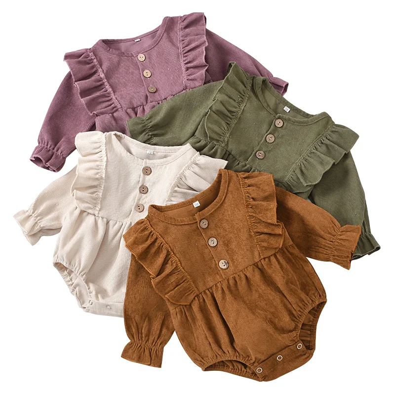 

2023 Corduroy Baby Girls Jumpsuit Spring Autumn Long Sleeve Romper for Kids Solid Color Ruffles Onesie 0-2 Years Old