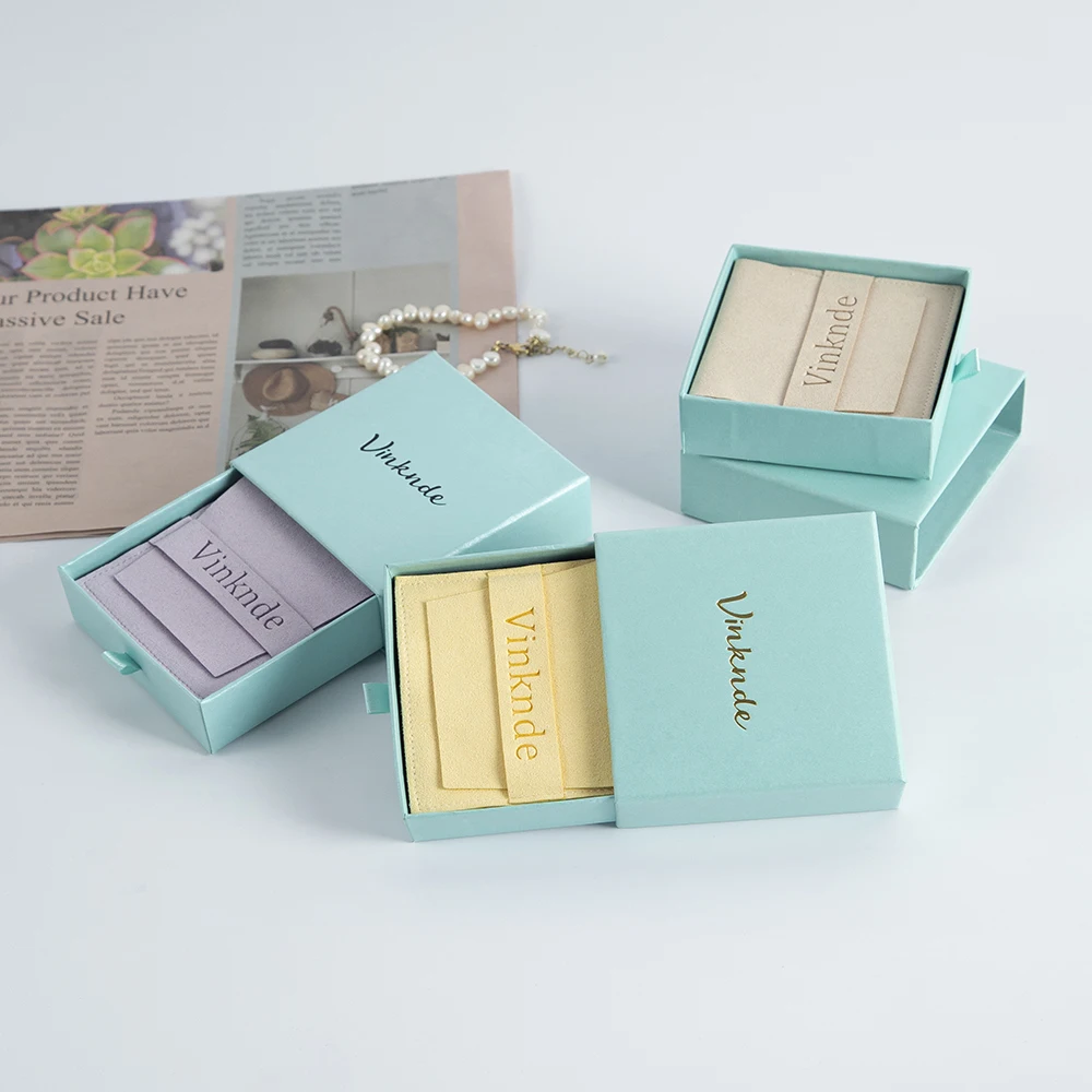 Custom Logo Cardboard Jewelry Box Pouches Ribbon Sliding Drawer Gift Cosmetics Earrings Ring Packaging Paper Case Microfiber Bag