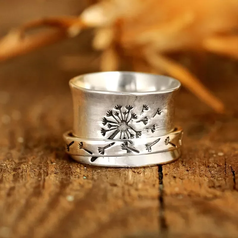 

Retro Ethnic Style Bohemian Women's Dandelion Flower Rotates To Relieve Anxiety Ring Personality Women Gift Carving Ring Jewelry