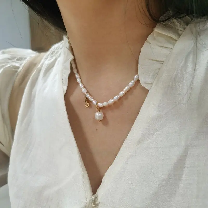

26 Letters Natural Freshwater Pearl Necklace Women Jewelry Punk Designer Runway Rare Simply Gown Boho Japan Korean