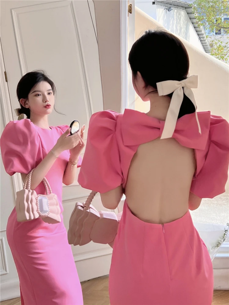 

Summer Sexy Pink Backless Big Bow Dress 2022 Korean Chic Puff Sleeve O-neck Slit Party Casual Beach Bodycon Midi Dresses Elegant
